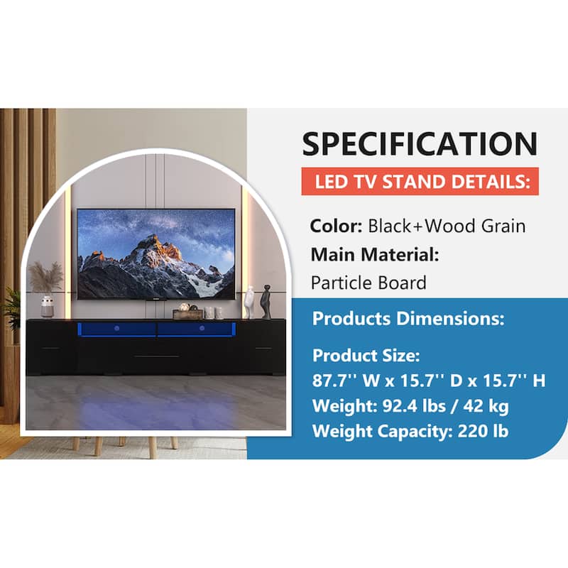 Black 82.68" TV Console with Storage Cabinets, Full RGB Color Selection and 31 Modes Changing Lights for TVs Up to 80"