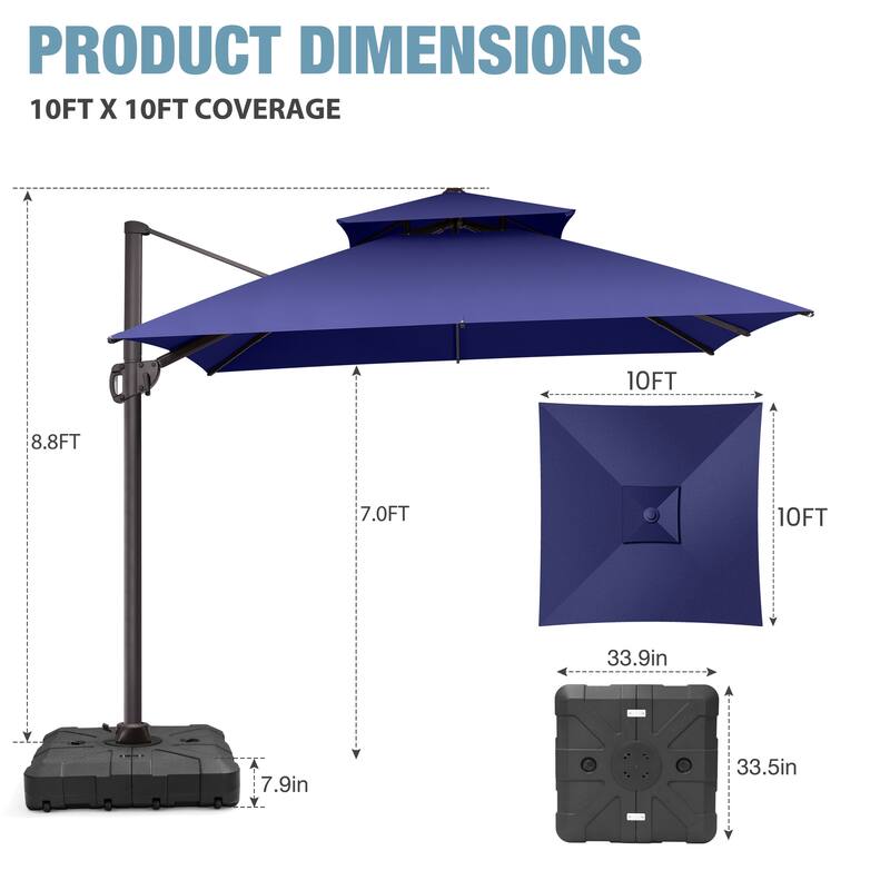 VredHom Double Top 10x10 FT Square Patio Cantilever Umbrella with Wheel Base