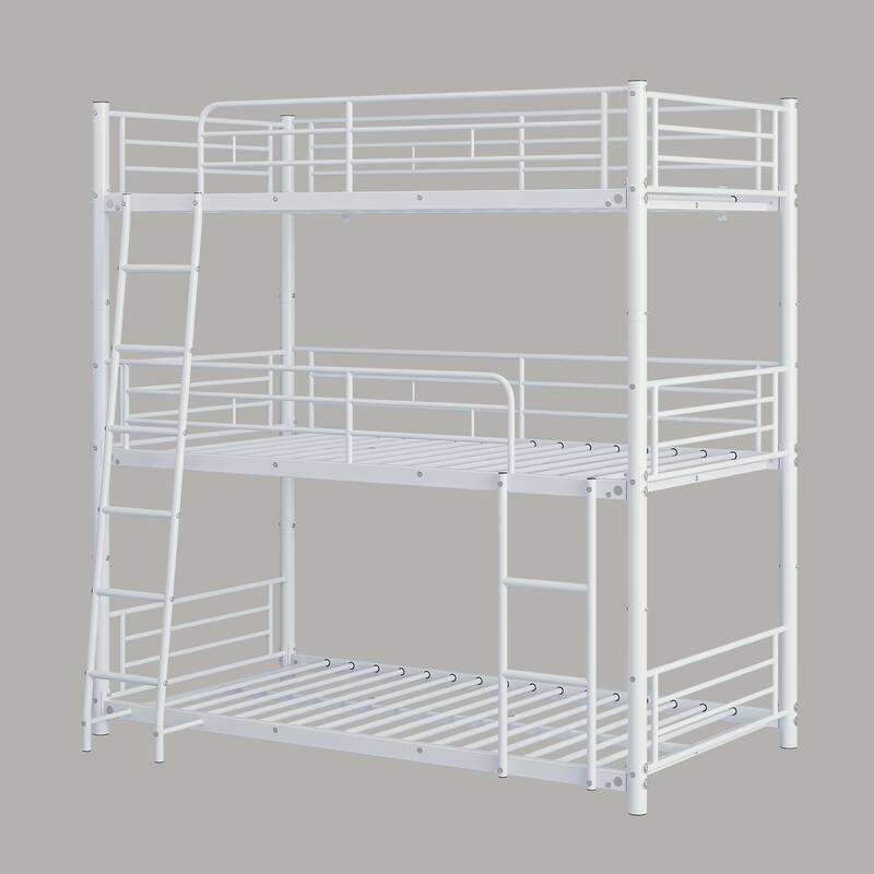 Triple Twin Bunk Beds,Twin Over Twin Over Twin Metal Bunk Bed Platform Frame,3 Bed Bunk Beds with Guardrails,Ladder & Storage
