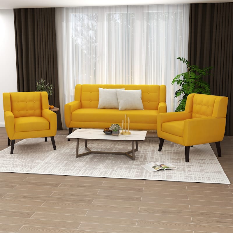 Modern Upholstered Faux Leather Tufted Armchair Linen Accent Chairs - 2Chairs+1Sofa - Yellow/Linen/3-Piece
