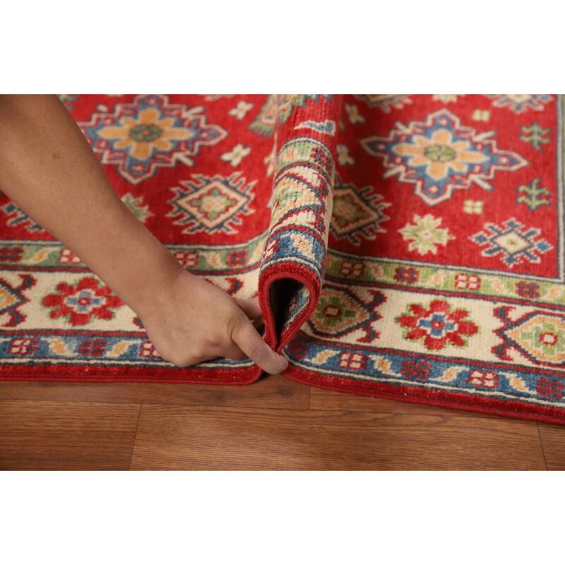 Red Geometric Kazak Foyer Rug Handmade Wool Carpet - 2'7"x 4'0"