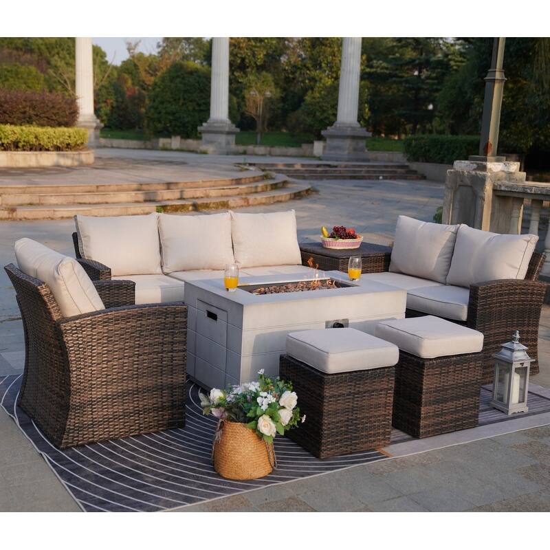 7-piece Patio Wicker Coversation Cushioned Set with Holve Fire Pit