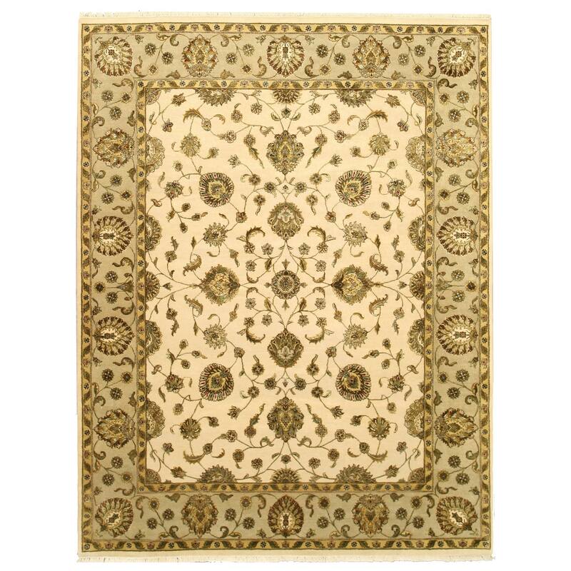Traditional Beige Wool & Silk Hand-Knotted Rug, 7'10 x 10'1 - Elegant Oriental Pattern for Luxurious Spaces - L