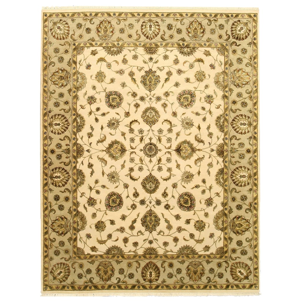 Traditional Beige Wool & Silk Hand-Knotted Rug, 7'10 x 10'1 - Elegant Oriental Pattern for Luxurious Spaces - L
