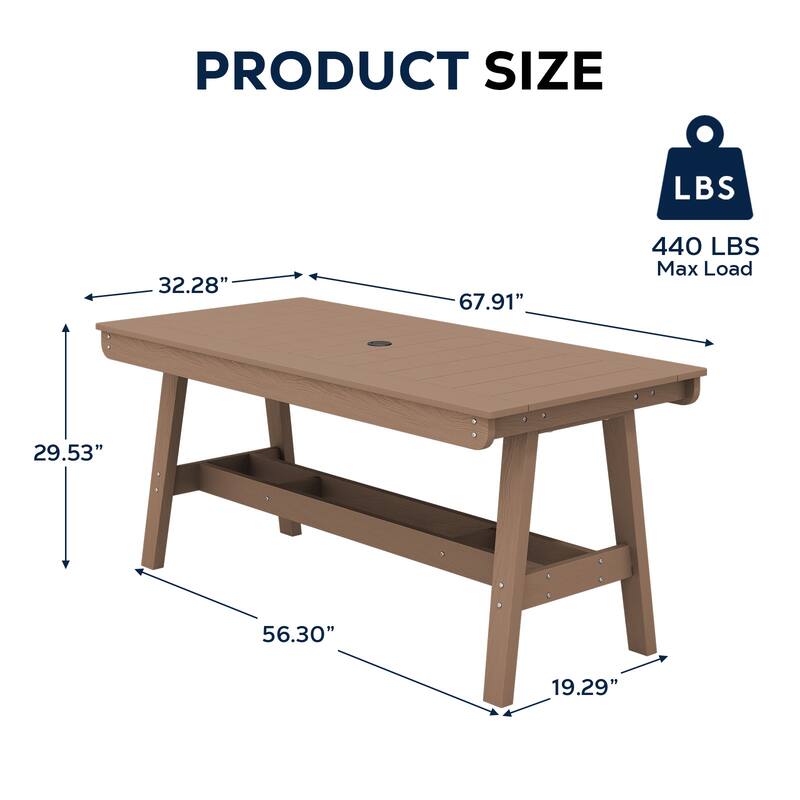 67.91in HDPE Rectangular Patio Dining Table with Umbrella Hole for 4 to 6 People - N/A