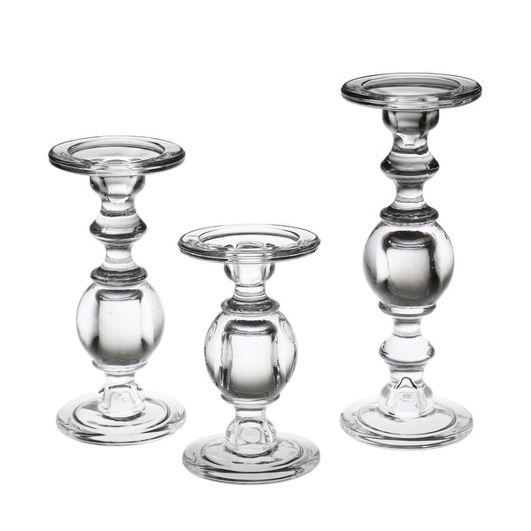Glass Pillar Candle Holders - Set of 3 Clear Solid Glass Baluster Candleholders for 3" Pillar Candles - Stands 7"H to 11"H. Opens flyout.