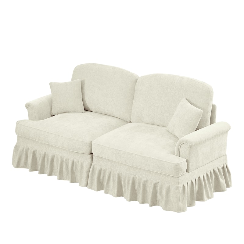 Mid-Century 2-Seat Sofa Couch with Flared Arms & Removable Ruffled Skirts, Retro Chenille Upholstered Loveseat for Living Room
