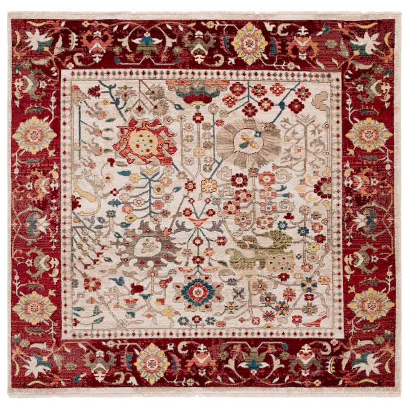 SAFAVIEH Kashan Laureen Oriental Rug with Fringe - 5'1" Square - Ivory/Red