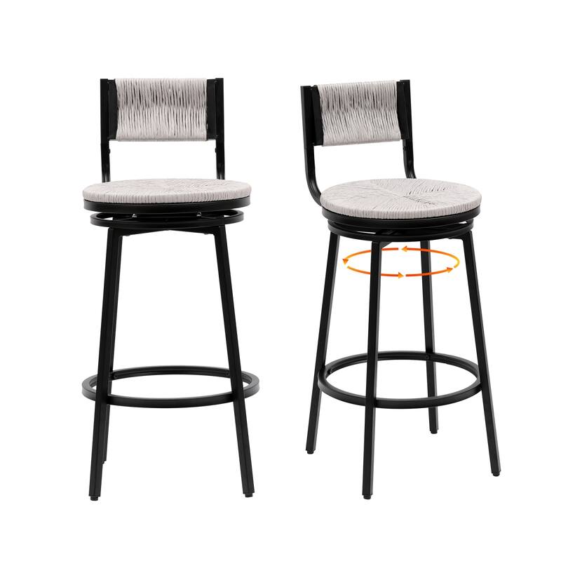 Swivel Counter Height Bar Stools Set of 2, Bar Height Stools, Paper Rope Woven Bar Stools, Farmhouse Island Chair w/ Metal Frame