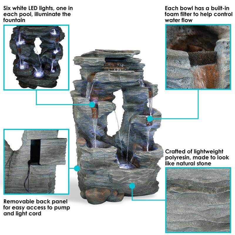 Dual Cascading Rock Falls Water Fountain with LED Lights - 39-Inch