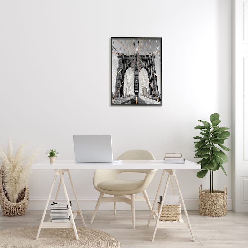 Stupell Brooklyn Bridge Geometric Cable Architecture Design Urban Photography Framed Wall Art - Grey