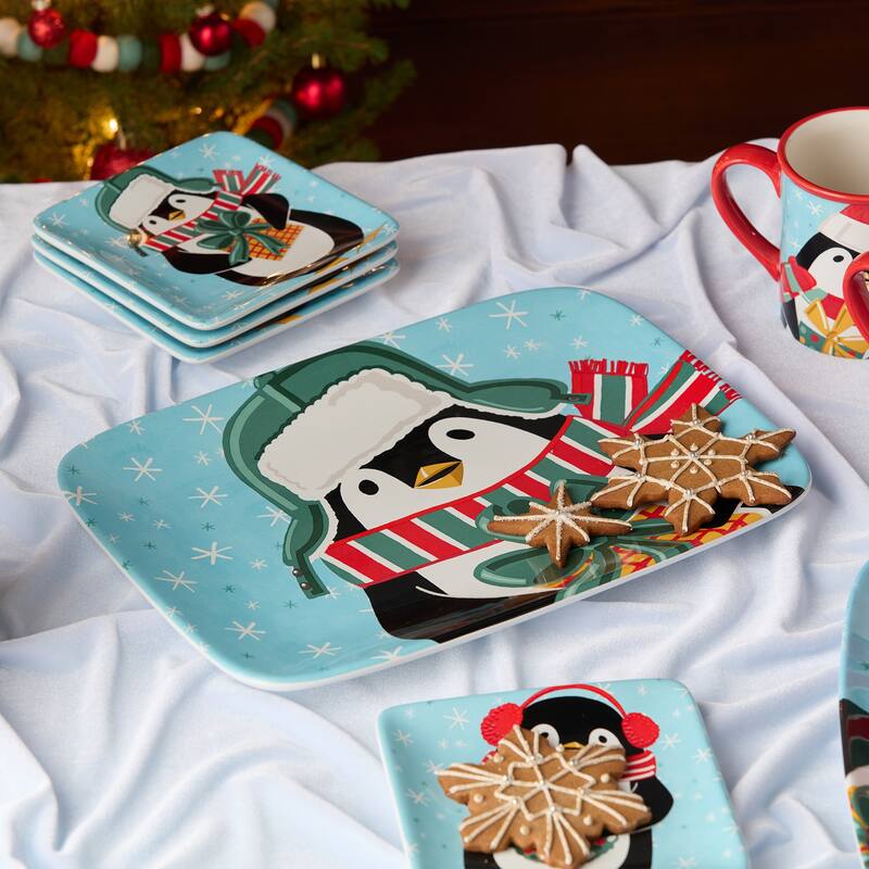 Certifed International Christmas Whimsy Penguin Rectangular Platter 14" x 10" - 14 L x 10 W x 1.125 H