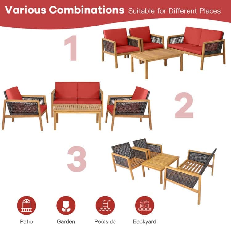 4 Pieces Patio Rattan Furniture Set with Removable Cushions - 30.5" x 48" x 29" (L x W x H)
