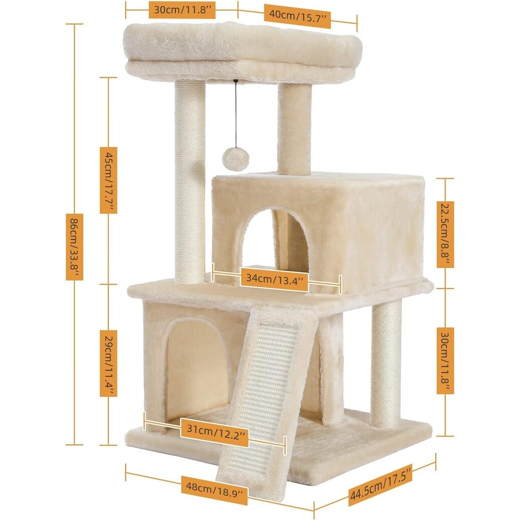 34 Inches Luxury Cat Tree with Double Condos Spacious Perch and Scratching Posts Beige