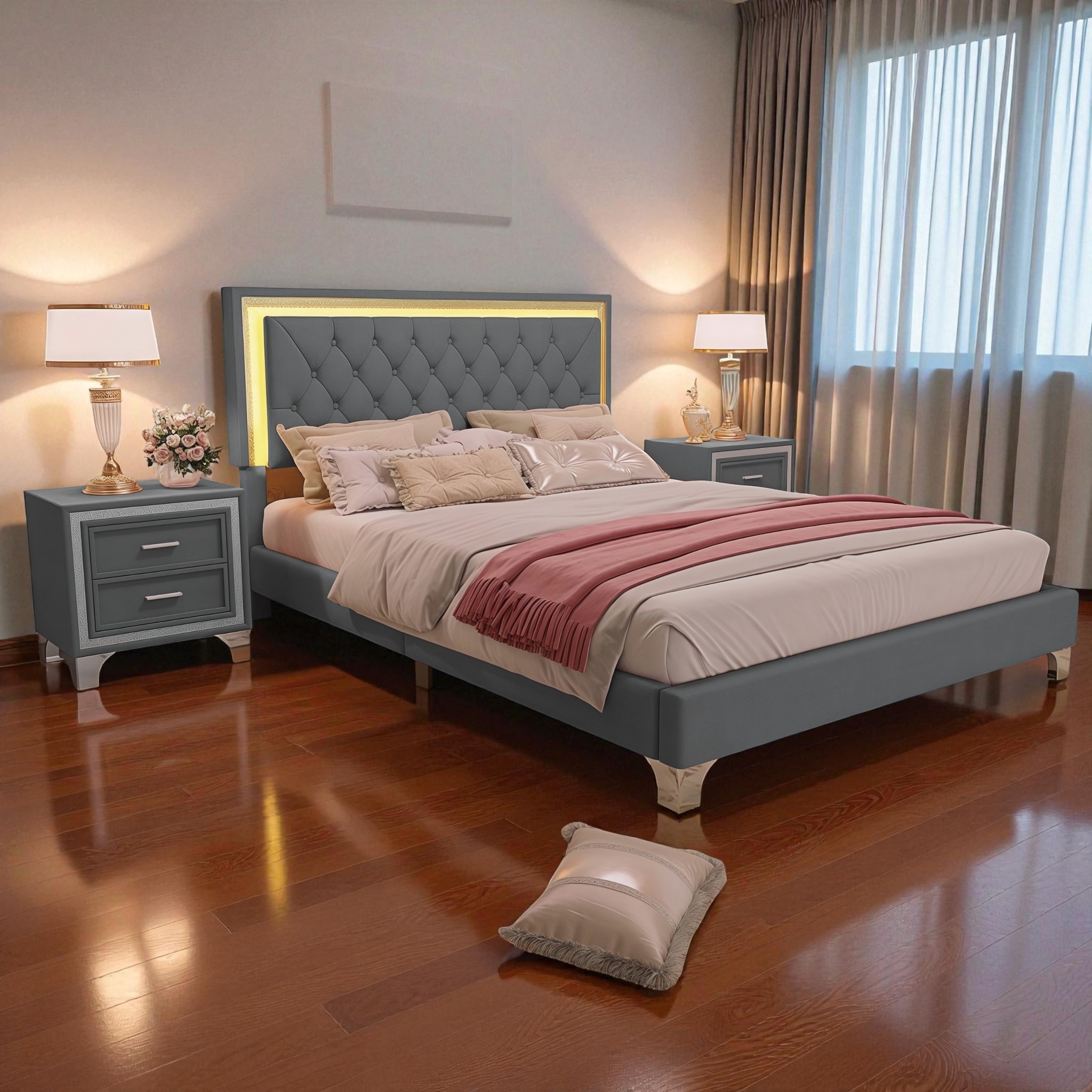 3-Piece Bedroom Set, Queen Size Velvet Upholstered Platform Bed with LED Lights and 2 Nightstands, Modern Tufted Bed Frame