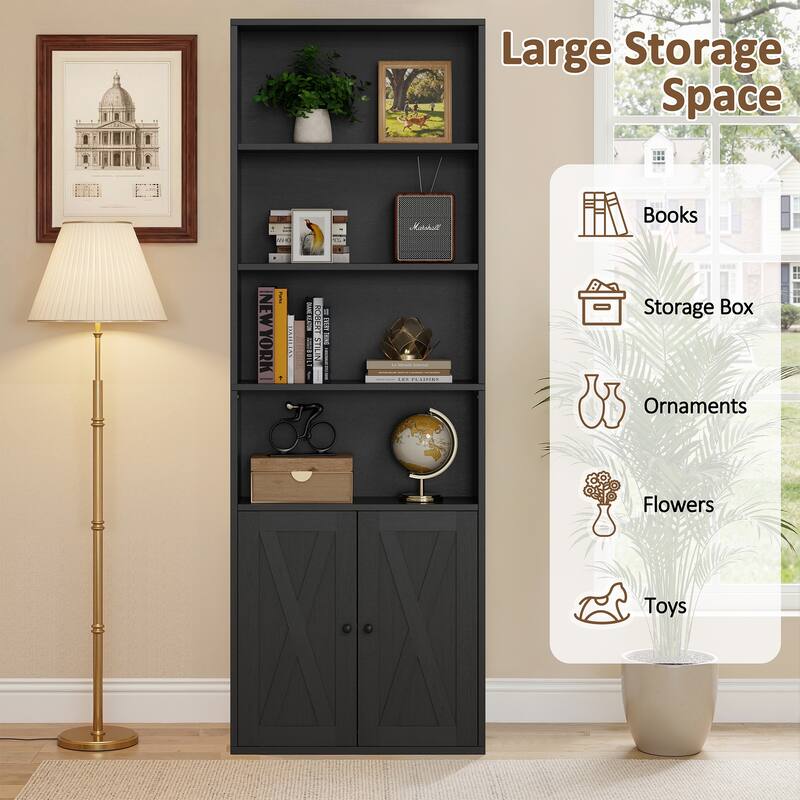 6-Tier Wood Bookcase, Storage Bookshelf with Doors