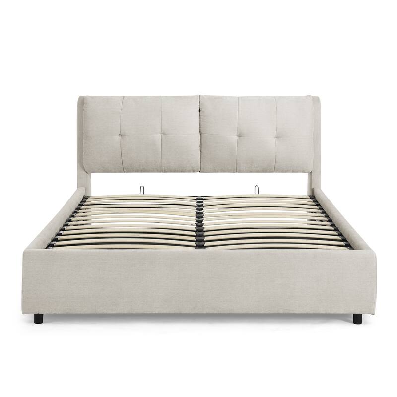Queen Size Storage Upholstered Hydraulic Platform Bed with Integrated Headboard, Chenille Fabric, Gray