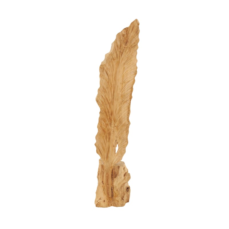 Teak Wood Leaf Live Edge Floor Sculpture with Tree Stump Base - Brown - Roche River Decor - 10"W x 9"L x 46"H