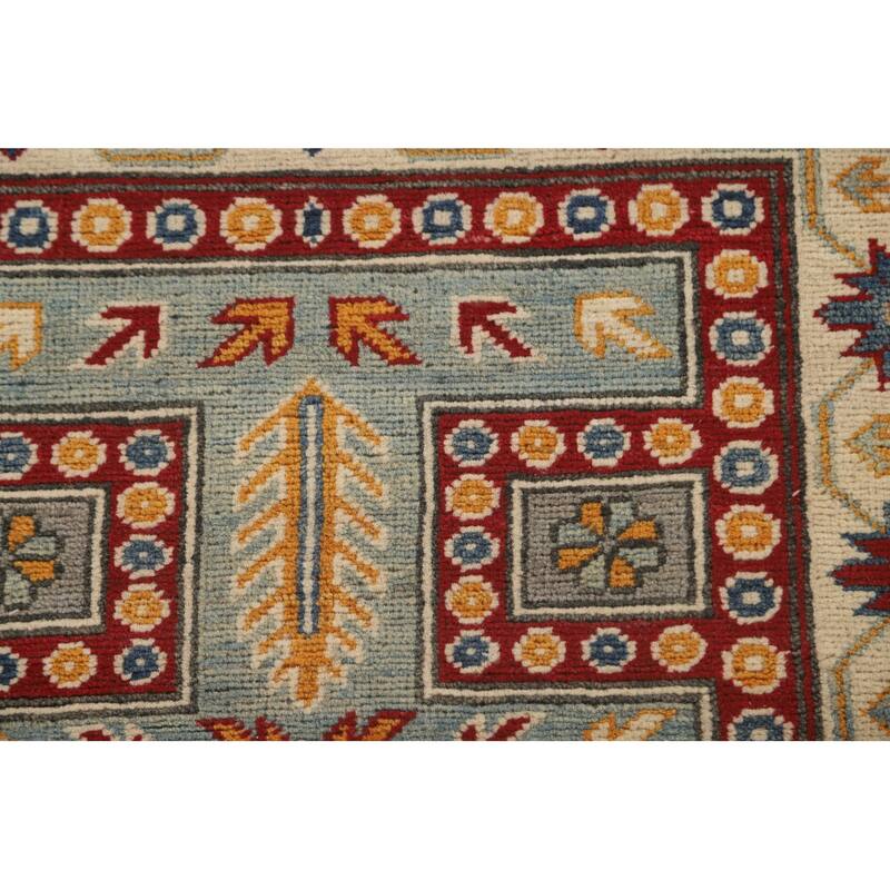 Geometric Kazak Runner Rug Handmade Traditional Blue Wool Carpet - 2'8" x 13'6"