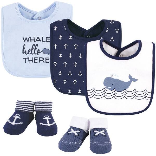 slide 1 of 1, Hudson Baby Infant Boy Cotton Bib and Sock Set, Sailor Whale, One Size - Sailor Whale - One Size One Size - Sailor Whale