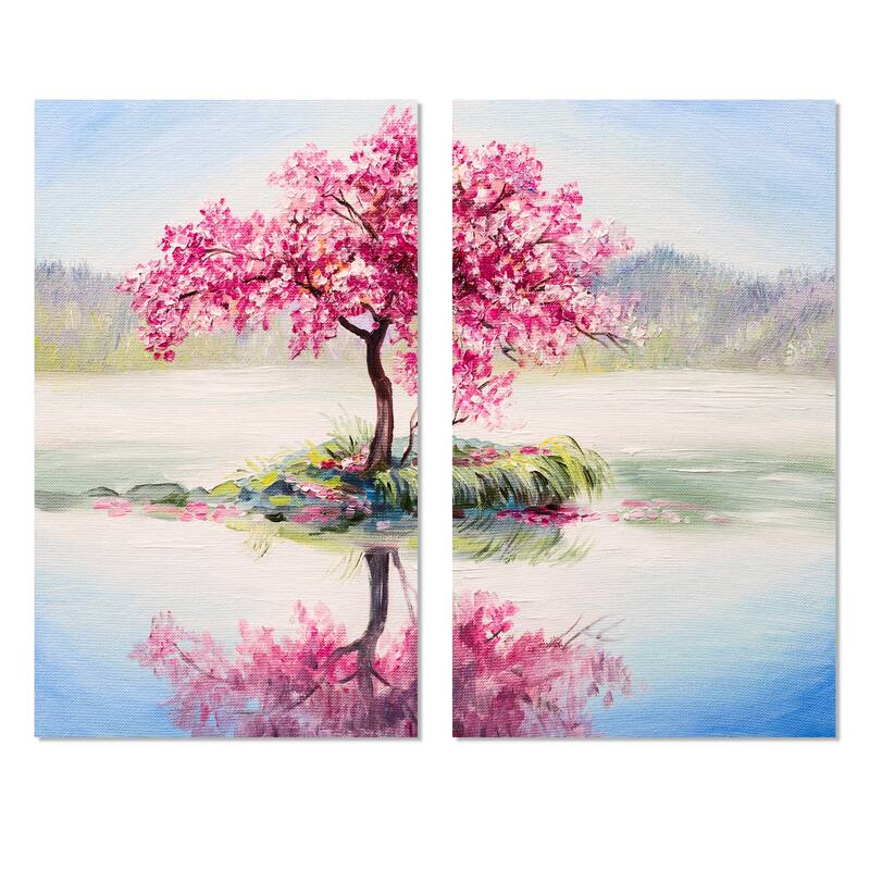 Designart "Japanese Cherry Blossom Tree On Little Idyllic IsLand