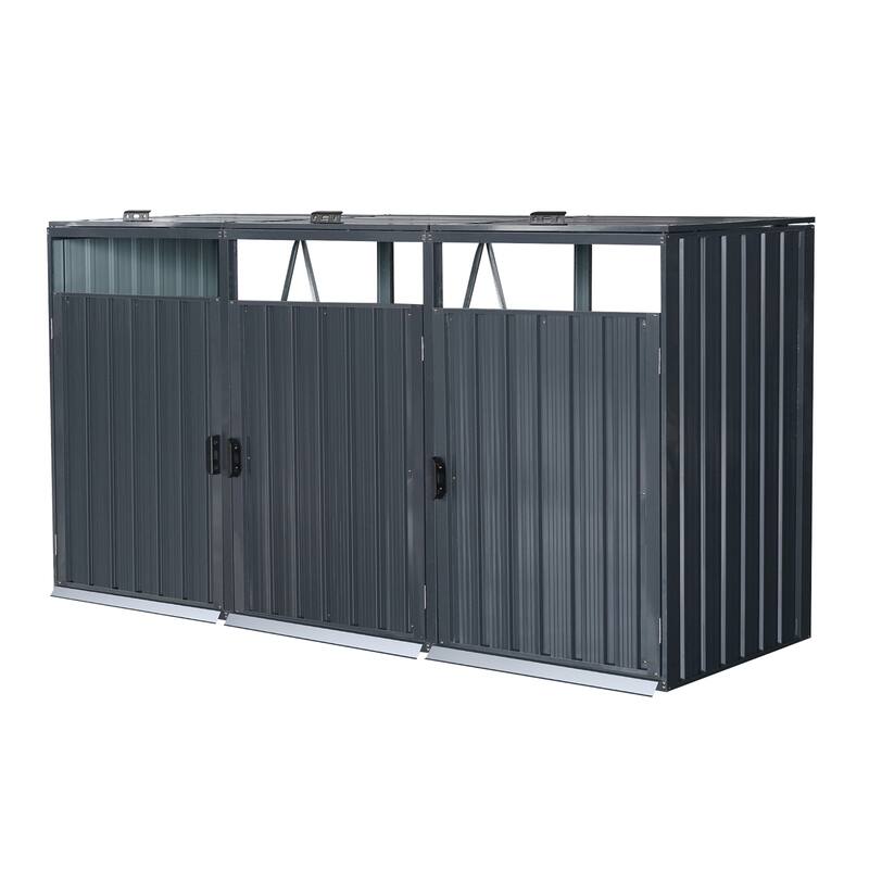 Garbage Bin Shed Stores 3 Trash Cans Metal Outdoor Bin Shed for Garbage Storage,Stainless Galvanized Steel, Bin Shed