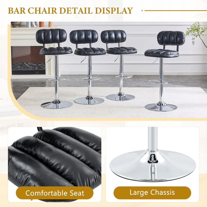 Set of 2 Adjustable Height Bar Stools, PU Leather Upholstered with Chrome Base & Footrest, Modern Comfortable Stools