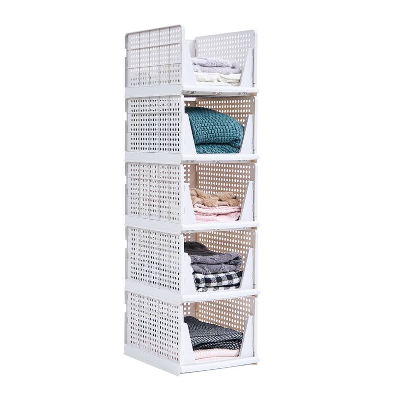 Javlergo 4 Pack Stackable Plastic Storage Basket XL-Size Foldable Closet Organizers and Storage Bins Drawer Shelf - 4-Tier