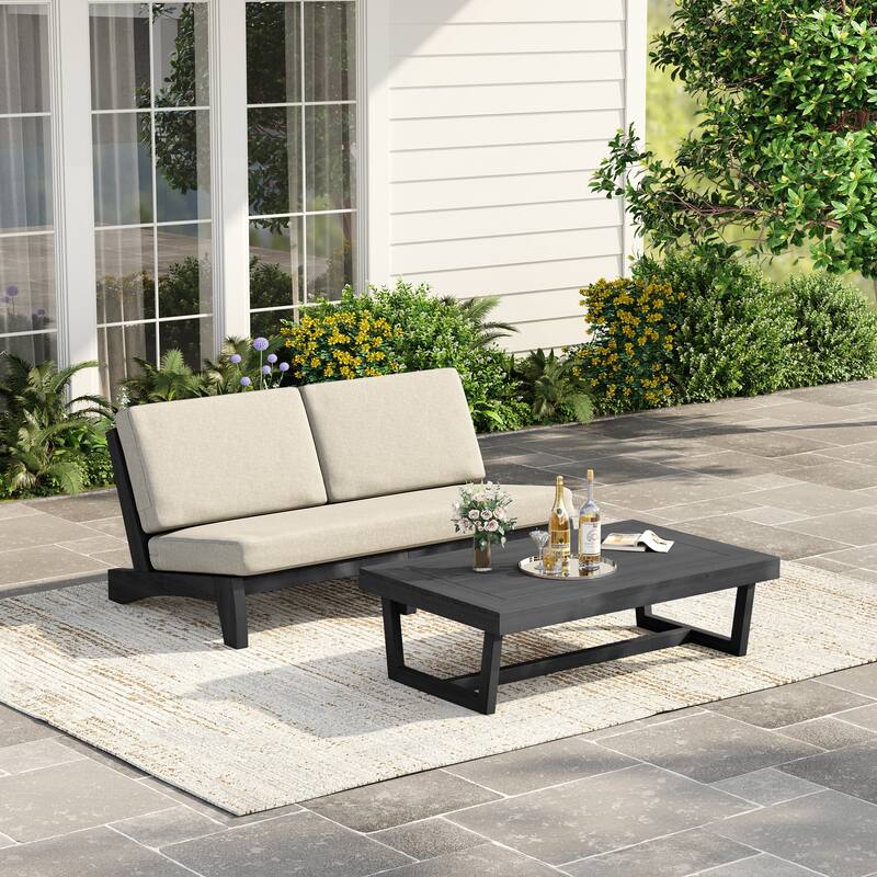 3 Seat Wood 64" W Cushioned Outdoor Patio Sofa with Coffee Table