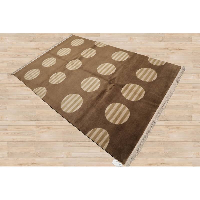 Hand Knotted Tibetan Olive Geometric Wool & Silk Art Deco Area Rug - 5' 11'' x 8' 10''