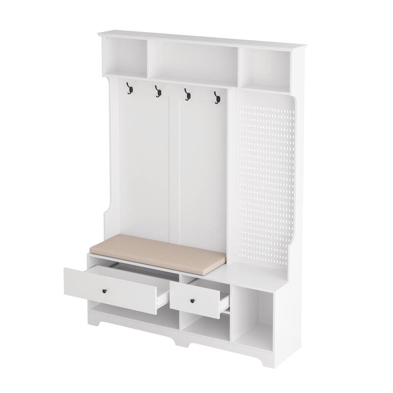 Modern Minimalist Coat Rack, Entry Bench with Linen Cushioned , Storage Shelf, DIY Pegboard, for Entrance and Hallway, Black