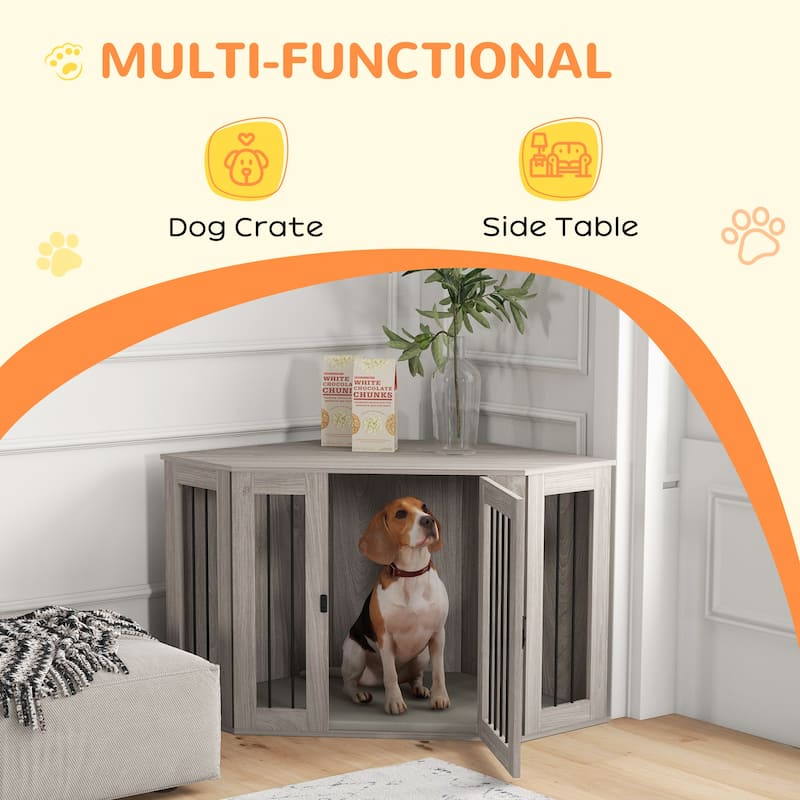 Walnut Brown and Cream White Dog Crate Side Table with Removable Cushion Spacious Interior