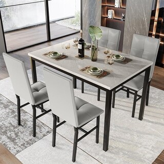 Modern Faux Marble Dining Table Set for 4 with PU Leather Chairs, Grey ...
