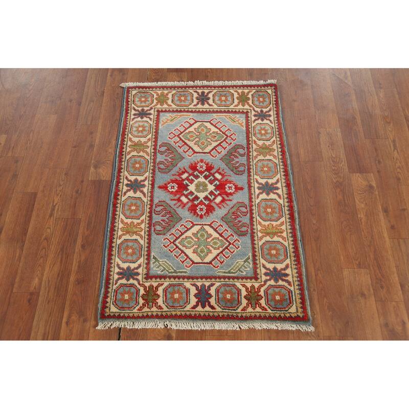 Light Blue Geometric Kazak Oriental Accent Rug Handmade Wool Carpet - 2'1"x 2'10"