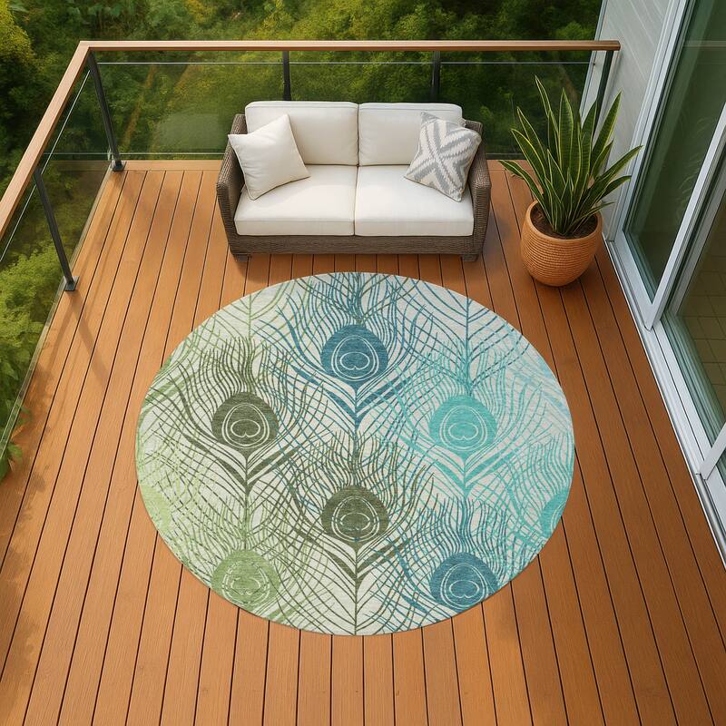 Machine Washable Indoor/ Outdoor Modern Peacock Chantille Rug - Aloe - 8' x 8'