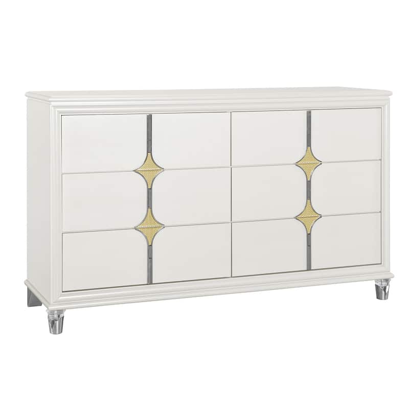 HomeRoots 63" White Wood With Gold Faux Crystal Bling Wood Six Drawer Double Dresser