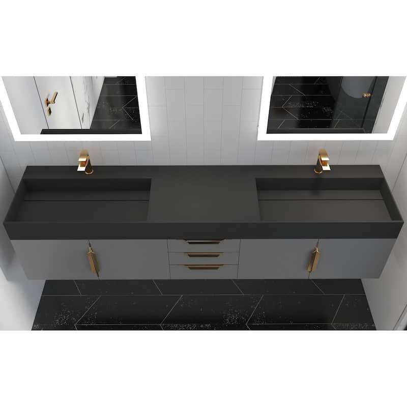 Amazon 84" Wall Mounted Double Bathroom Vanity Set w/ Black Top