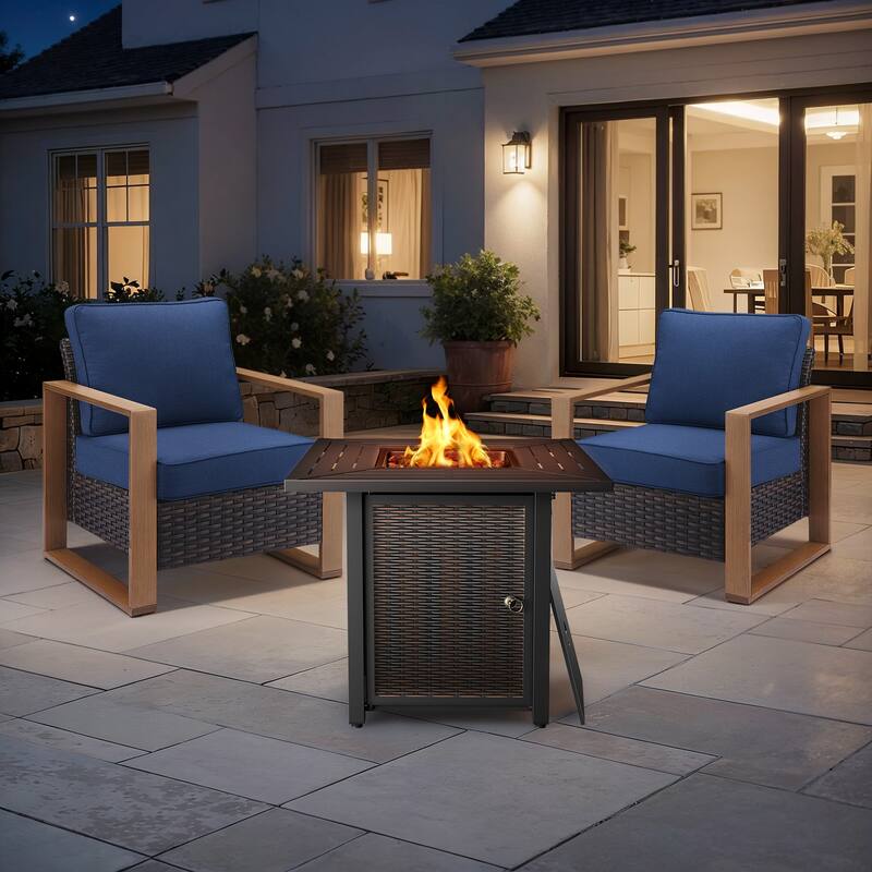 Meyreso 3-Piece Wicker Patio Conversation Set with Metal Fire Pit & Plush 4.5" Olefin Cushions - Brown Wicker - Navy Blue Cushions