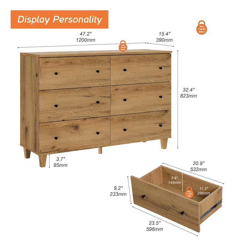 WAMPAT 6-Drawer Dresser and Nightstands Set of 3 for Bedroom
