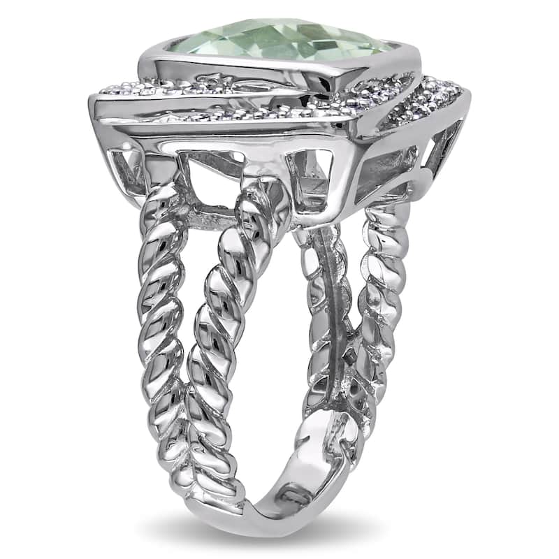 Miadora 4ct TGW Green Quartz 1/4ct TDW Diamond Halo Cocktail Ring in Sterling Silver