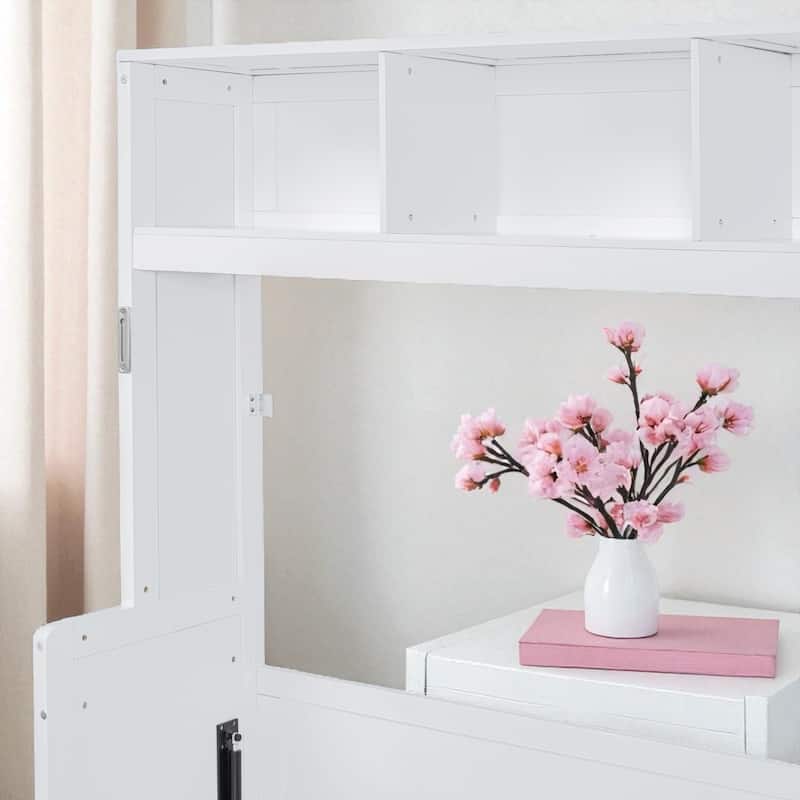 Queen Size Murphy Wall Bed with Closet and Drawers, Space Saving Foldable Bed with Storage Cabinet and Wardrobe