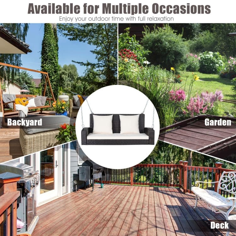 2-Person Wicker Hanging Porch Swing with 2 Back Cushions and 1 Seat Cushion - 50" x 22" x 20.5" (L x W x H)