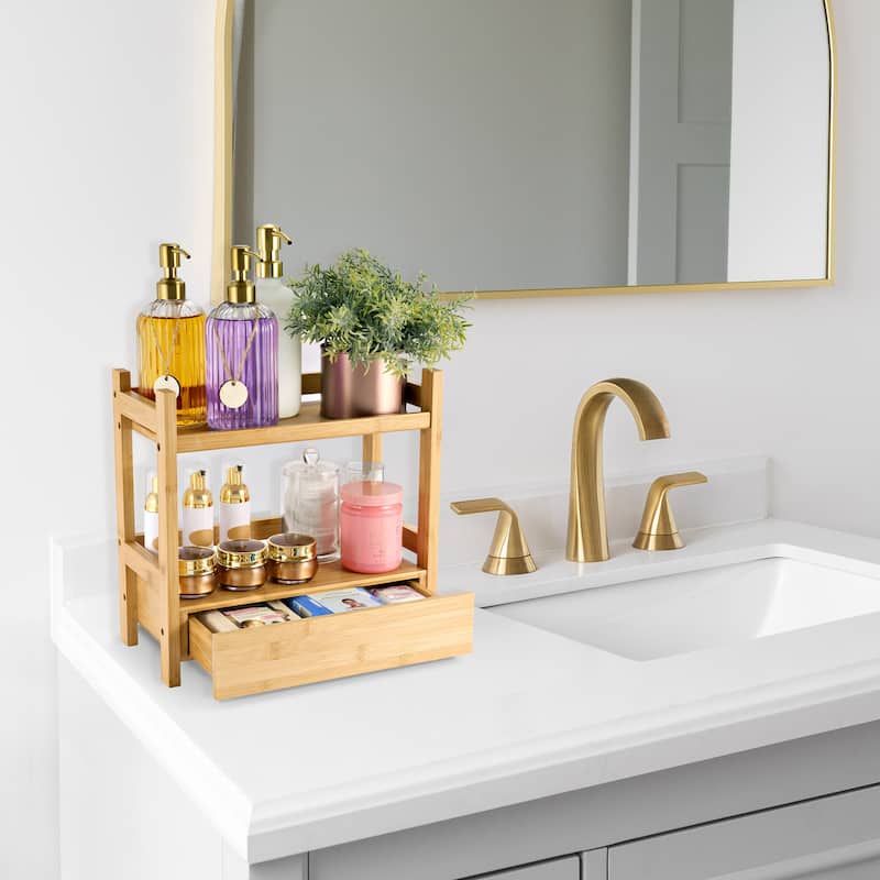 Sorbus Bamboo Bathroom Counter Organizer – 2-Tier Shelf with Hidden Drawer - 13.12" L x 6.37" W x 12.62" H