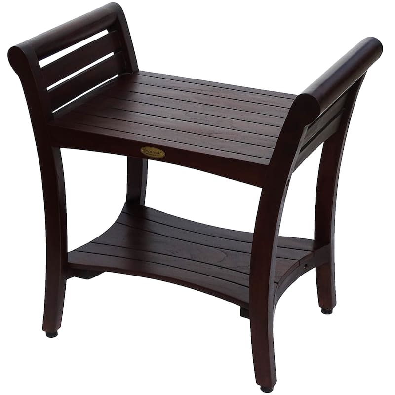 DecoTeak Symmetry 24" Contemporary Teak Shower Bench With Shelf And LiftAide Arms in WoodLand Brown Finish