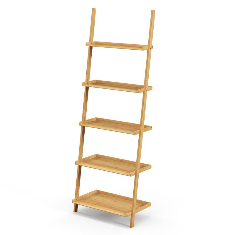 Gymax 5-Tier Bamboo Ladder Shelf Wall-Leaning Bookshelf Display