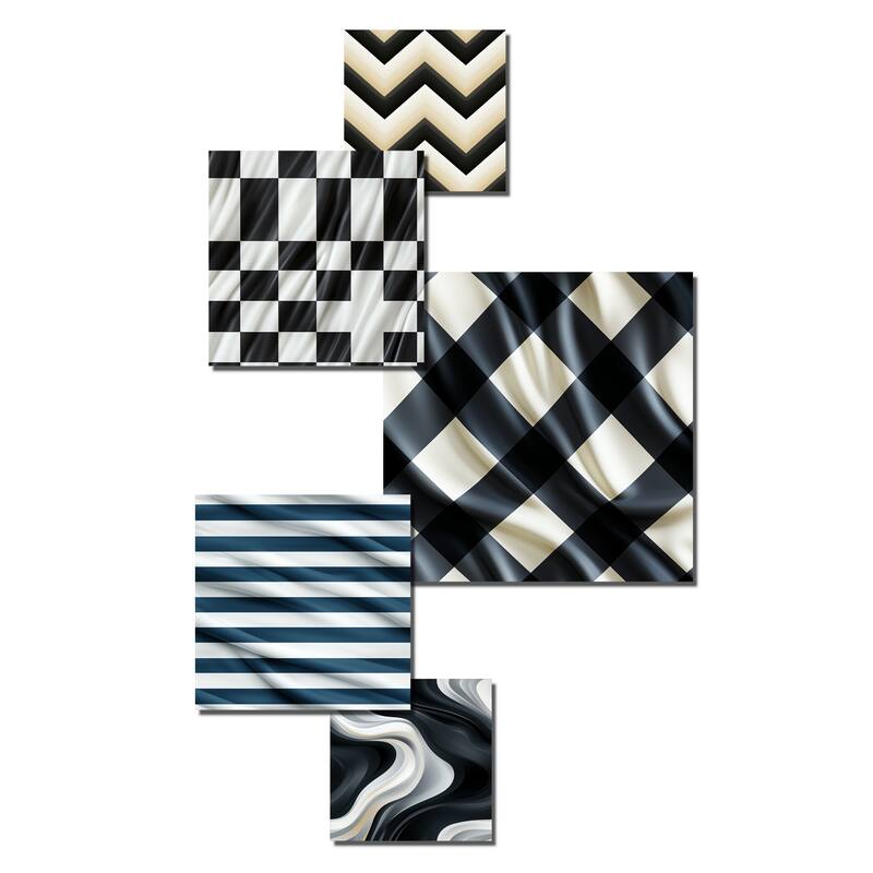 Designart "Monochromatic Chevron Motion I" Chevron Wall Art Set of 5 - Glam White Metal Art Living Room Set