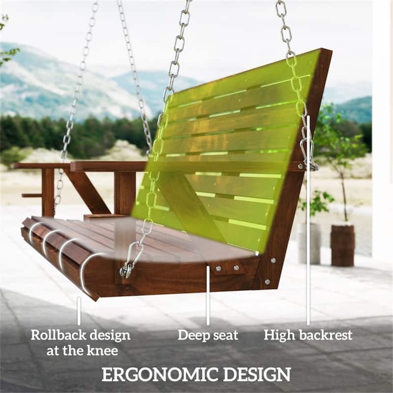 Fir and Pine Wood 3 Seater Outdoor Swing Chair with Cupholders Adjustable Chains for Patio Garden Deck - 63" W x 26.4" D x 24" H