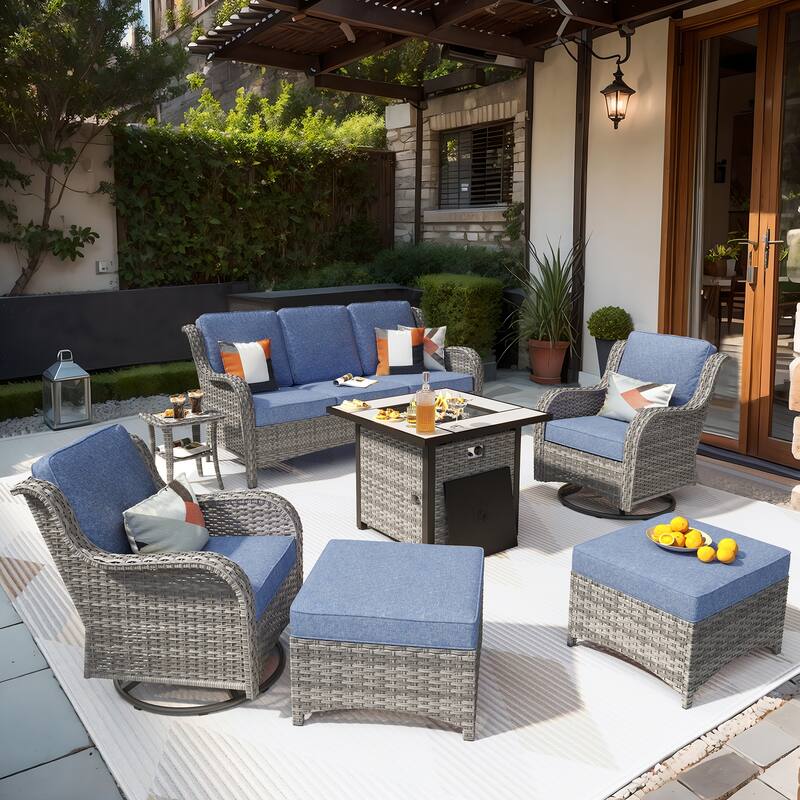 OVIOS 7-piece Patio Swivel Chair Set with 30" Fire Pit - Denim Blue-Grey Wicker
