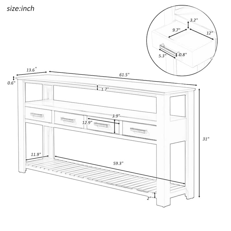 61.5"Large Entryway Table with 4 Drawers,Painted Console Table with 3-Tier Open Shelves and Metal Handles