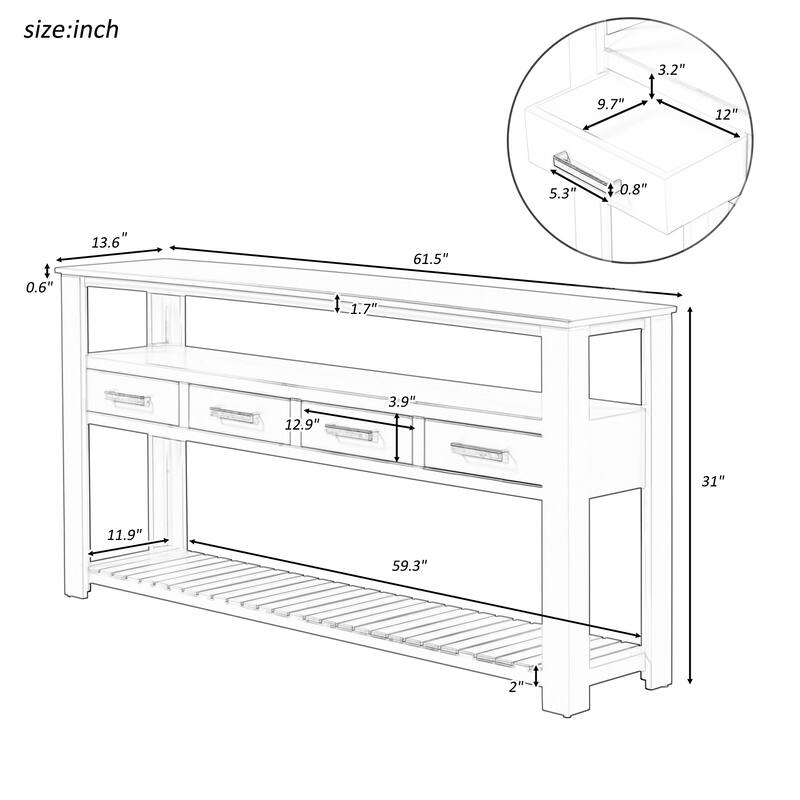 61.5'' Entryway Table with 4 Drawers, Console Table with 3-Tier Open Shelves and Metal Handles, Versatile Hallway Sofa Table